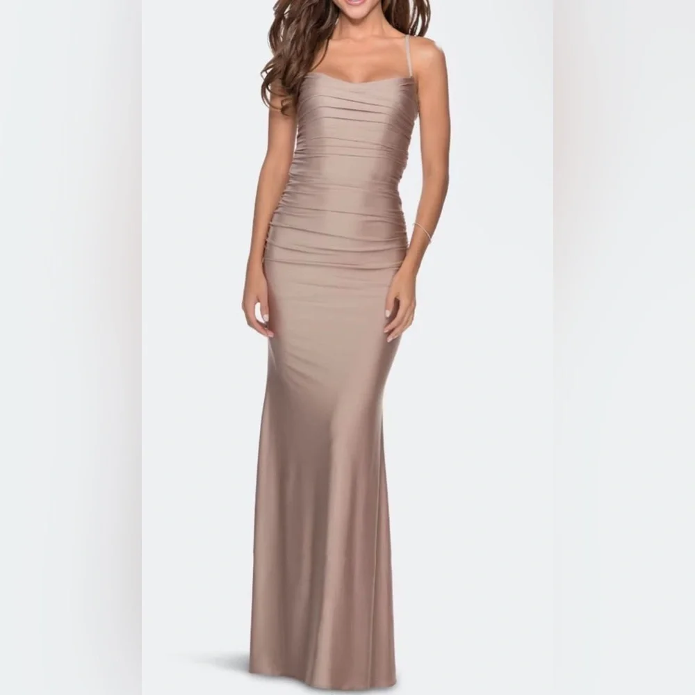 La Femme Ruched Trumpet Dress strappy back. - Picture 5 of 5